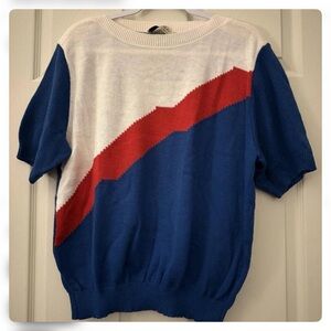 Short-Sleeve Colorblock Crewneck Sweater in Blue, White & Red